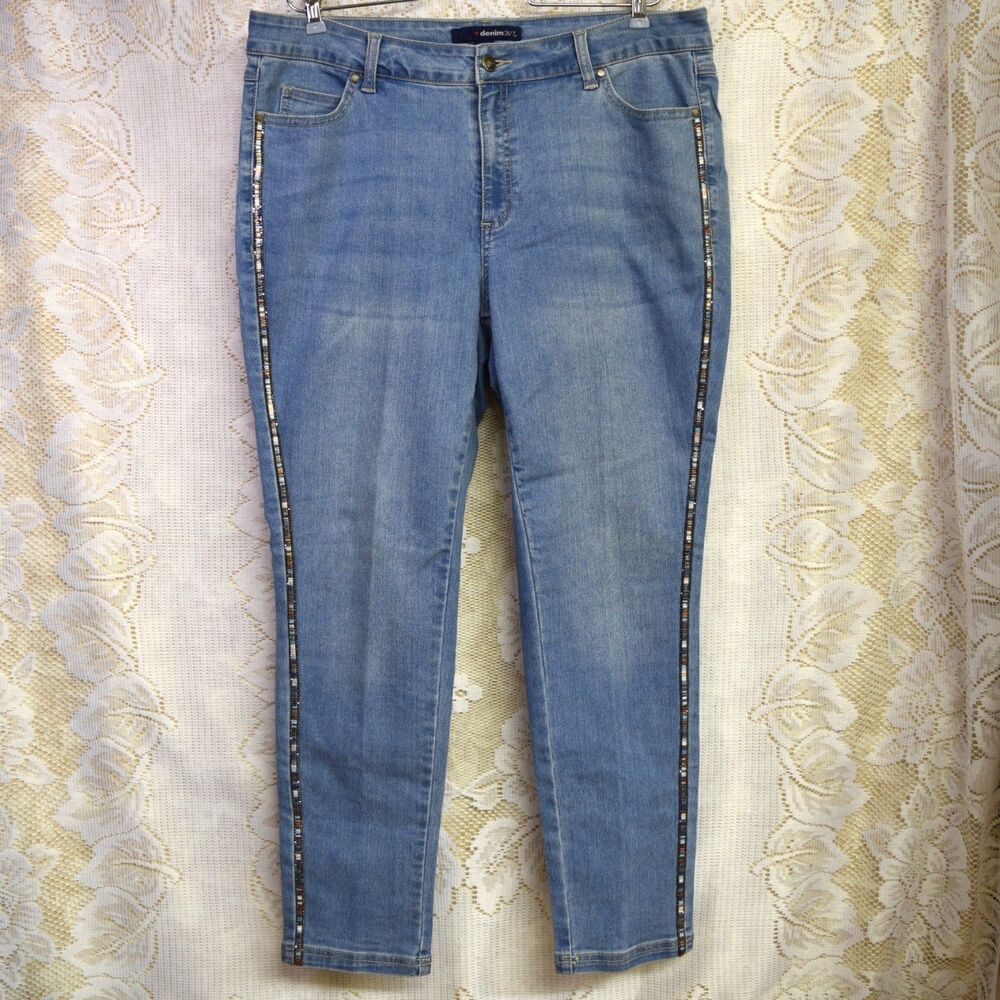 Denim 24/7 Jeans Womens Size 16W Rhinestone Embellished Skinny Jeans High Rise